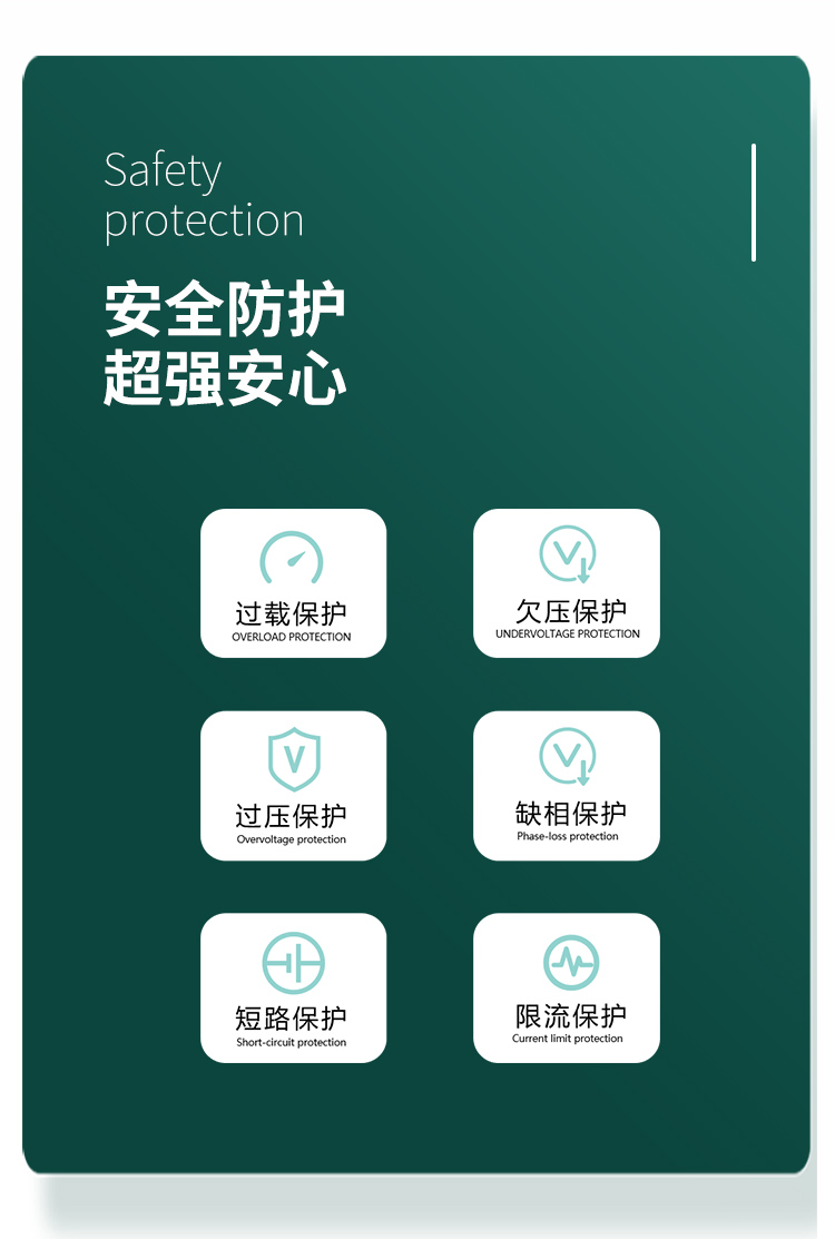 安全防護 超強安心。對過載、欠壓、過壓、缺相、短路、限流等狀況實現智能保護。